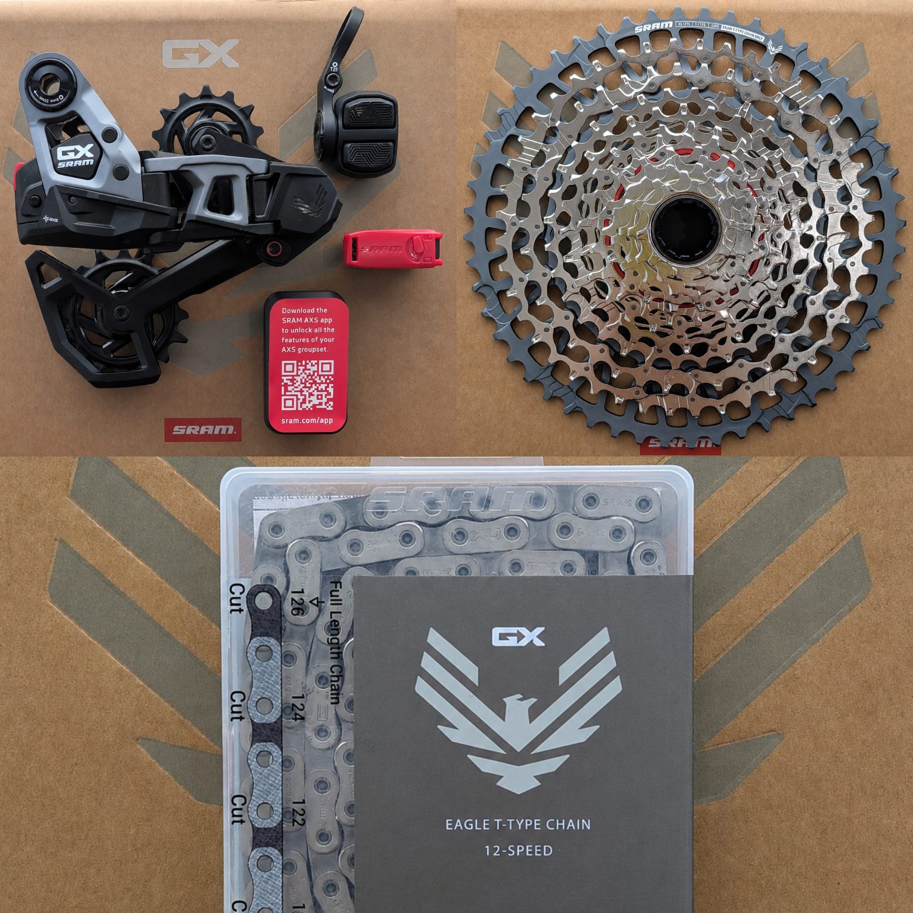 ea (2) SRAM GX Eagle AXS Transmission T-Type 12-speed Kit + XS-1275 10-52T Cassette + T-Type Flattop Chain 126 Links - Image 1